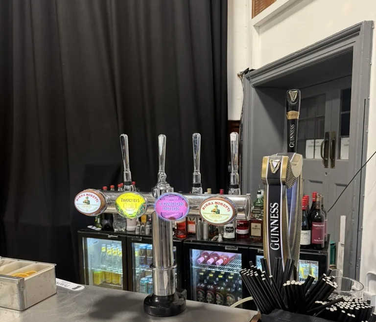 Moretti, Thatchers and London Pride on a chrome font with a Guinness harp keg tap at Raynes Park High School