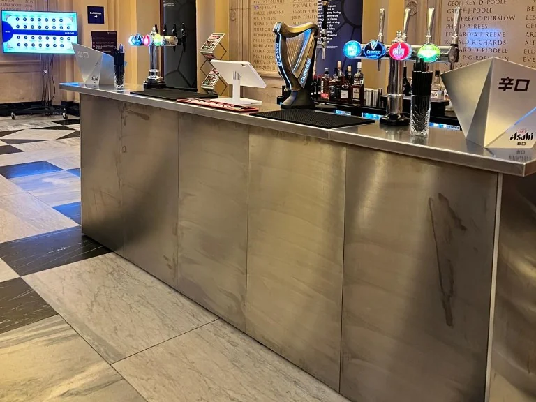 Closer view of the stainless steel bar and taps at the University of Birmingham