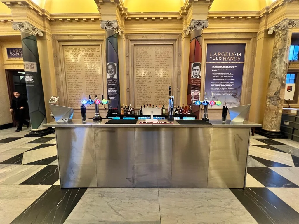 Stainless steel modular bar with Guinness and Madri taps at the University of Birmingham